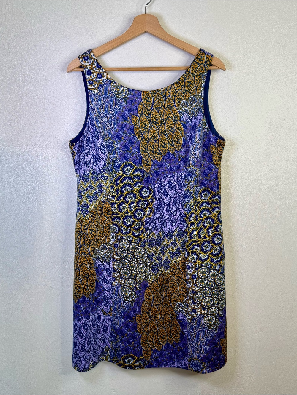 Pappagallo Sleeveless Shift Dress Peacock Feather Print Purple & Gold Size 10